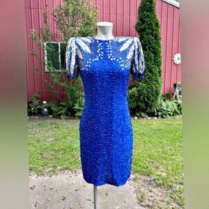 Vintage Laurence Kazar Blue Silk Beaded Silver Sequined Cocktail Party Dress~M~